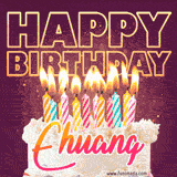 A colorful birthday cake topped with lit candles, with the words 'Happy Birthday Ehuang' in bold glowing letters on a burgundy background. Animated flames add a festive touch.