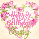 A stunning heart made of pink roses surrounds the elegant script text 'Happy Birthday Ehuang' on a soft beige background. Animated sparkles add a magical and festive feel.