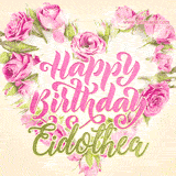 A stunning heart made of pink roses surrounds the elegant script text 'Happy Birthday Eidothea' on a soft beige background. Animated sparkles add a magical and festive feel.