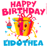A vibrant and funny gift box character with a happy face dancing with a cupcake and the text 'Happy Birthday Eidothea,' surrounded by animated confetti and party vibes.