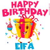 A vibrant and funny gift box character with a happy face dancing with a cupcake and the text 'Happy Birthday Eifa,' surrounded by animated confetti and party vibes.