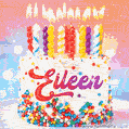 Personalized for Eileen elegant birthday cake adorned with rainbow sprinkles, colorful candles and glitter