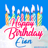 A cheerful animated GIF featuring colorful lit birthday candles on a white cake, with the text 'Happy Birthday Eion' in bold red and blue script on a bright blue background.