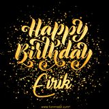 Animated GIF with colorful, festive 'Happy Birthday Eirik' text decorated with patterns, a party hat, and falling confetti. A vibrant and cheerful design for birthday celebrations.