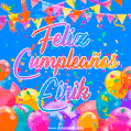 A vibrant animated GIF with 'Feliz Cumpleaños Eirik' written in colorful script, surrounded by balloons, confetti, and bunting on a bright blue background.