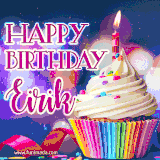 A festive animated GIF featuring a colorful cupcake with a single lit candle, sprinkles, and 'Happy Birthday Eirik' text against a sparkling, celebratory background.