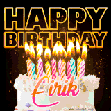 A vibrant animated GIF featuring a delicious birthday cake topped with glowing candles and the name 'Eirik' in elegant script, and the words 'Happy Birthday' on the black background.