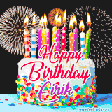 A lively happy birthday animated GIF showcasing a colorful birthday cake covered in sprinkles, topped with glowing candles, and surrounded by vibrant fireworks. The name 'Eirik' is featured in elegant script.