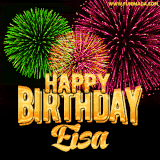 A captivating GIF with bursts of green, pink, and orange fireworks lighting up the night sky, accompanied by 'Happy Birthday Eisa' in glowing golden text.