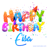 Animated GIF with colorful, festive 'Happy Birthday Eisa' text decorated with patterns, a party hat, and falling confetti. A vibrant and cheerful design for birthday celebrations.