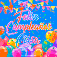 A vibrant animated GIF with 'Feliz Cumpleaños Eissa' written in colorful script, surrounded by balloons, confetti, and bunting on a bright blue background.
