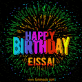 A colorful animated GIF featuring the text 'Happy Birthday Eissa!' in rainbow colors with a dynamic iridescent firework display in the background.