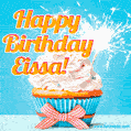 A cheerful animated GIF of a cupcake with creamy frosting, a red checkered ribbon, and a bright sparkler on top. The text 'Happy Birthday Eissa!' is displayed in vibrant orange and red.