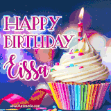 A festive animated GIF featuring a colorful cupcake with a single lit candle, sprinkles, and 'Happy Birthday Eissa' text against a sparkling, celebratory background.