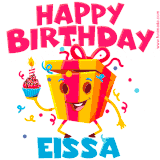 A funny animated birthday GIF with the words 'Happy Birthday Eissaa', colorful gift box with arms and legs, holding a cupcake with a lit candle  with confetti everywhere.