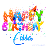 Animated GIF with colorful, festive 'Happy Birthday Eissa' text decorated with patterns, a party hat, and falling confetti. A vibrant and cheerful design for birthday celebrations.