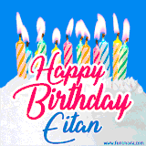 A cheerful animated GIF featuring colorful lit birthday candles on a white cake, with the text 'Happy Birthday Eitan' in bold red and blue script on a bright blue background.