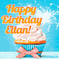 A cheerful animated GIF of a cupcake with creamy frosting, a red checkered ribbon, and a bright sparkler on top. The text 'Happy Birthday Eitan!' is displayed in vibrant orange and red.
