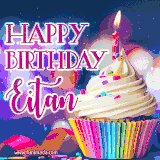 A festive animated GIF featuring a colorful cupcake with a single lit candle, sprinkles, and 'Happy Birthday Eitan' text against a sparkling, celebratory background.