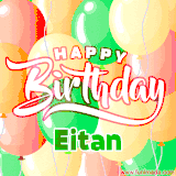 Animated GIF featuring colorful balloons in the background with the cheerful text 'Happy Birthday Eitan'.