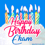 A cheerful animated GIF featuring colorful lit birthday candles on a white cake, with the text 'Happy Birthday Ekam' in bold red and blue script on a bright blue background.