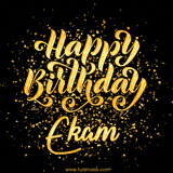 Animated GIF with colorful, festive 'Happy Birthday Ekam' text decorated with patterns, a party hat, and falling confetti. A vibrant and cheerful design for birthday celebrations.