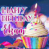 A festive animated GIF featuring a colorful cupcake with a single lit candle, sprinkles, and 'Happy Birthday Ekam' text against a sparkling, celebratory background.