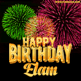 A captivating GIF with bursts of green, pink, and orange fireworks lighting up the night sky, accompanied by 'Happy Birthday Elam' in glowing golden text.