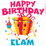 A funny animated birthday GIF with the words 'Happy Birthday Elama', colorful gift box with arms and legs, holding a cupcake with a lit candle  with confetti everywhere.