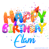 Animated GIF with colorful, festive 'Happy Birthday Elam' text decorated with patterns, a party hat, and falling confetti. A vibrant and cheerful design for birthday celebrations.