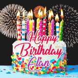 A lively happy birthday animated GIF showcasing a colorful birthday cake covered in sprinkles, topped with glowing candles, and surrounded by vibrant fireworks. The name 'Elan' is featured in elegant script.