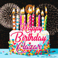 Amazing Animated GIF Image for Elazar with Birthday Cake and Fireworks