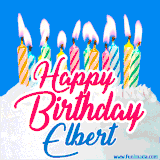 A cheerful animated GIF featuring colorful lit birthday candles on a white cake, with the text 'Happy Birthday Elbert' in bold red and blue script on a bright blue background.