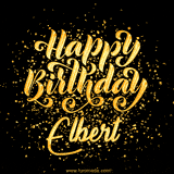 Animated GIF with colorful, festive 'Happy Birthday Elbert' text decorated with patterns, a party hat, and falling confetti. A vibrant and cheerful design for birthday celebrations.