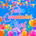 A vibrant animated GIF with 'Feliz Cumpleaños Elbert' written in colorful script, surrounded by balloons, confetti, and bunting on a bright blue background.