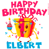 A funny animated birthday GIF with the words 'Happy Birthday Elberta', colorful gift box with arms and legs, holding a cupcake with a lit candle  with confetti everywhere.