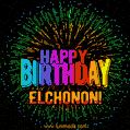 A colorful animated GIF featuring the text 'Happy Birthday Elchonon!' in rainbow colors with a dynamic iridescent firework display in the background.
