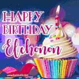 A festive animated GIF featuring a colorful cupcake with a single lit candle, sprinkles, and 'Happy Birthday Elchonon' text against a sparkling, celebratory background.