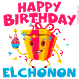A funny animated birthday GIF with the words 'Happy Birthday Elchonona', colorful gift box with arms and legs, holding a cupcake with a lit candle  with confetti everywhere.