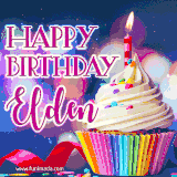 A festive animated GIF featuring a colorful cupcake with a single lit candle, sprinkles, and 'Happy Birthday Elden' text against a sparkling, celebratory background.