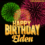 A captivating GIF with bursts of green, pink, and orange fireworks lighting up the night sky, accompanied by 'Happy Birthday Elden' in glowing golden text.