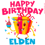 A funny animated birthday GIF with the words 'Happy Birthday Eldena', colorful gift box with arms and legs, holding a cupcake with a lit candle  with confetti everywhere.