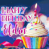 A festive animated GIF featuring a colorful cupcake with a single lit candle, sprinkles, and 'Happy Birthday Eldin' text against a sparkling, celebratory background.