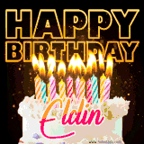 A vibrant animated GIF featuring a delicious birthday cake topped with glowing candles and the name 'Eldin' in elegant script, and the words 'Happy Birthday' on the black background.