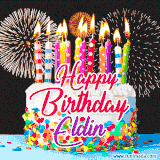 A lively happy birthday animated GIF showcasing a colorful birthday cake covered in sprinkles, topped with glowing candles, and surrounded by vibrant fireworks. The name 'Eldin' is featured in elegant script.