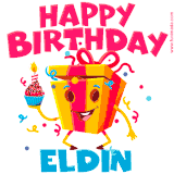 A funny animated birthday GIF with the words 'Happy Birthday Eldina', colorful gift box with arms and legs, holding a cupcake with a lit candle  with confetti everywhere.