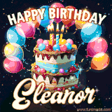 Bright birthday animation for Eleanor with a chocolate cake, candles, balloons, and glowing celebratory lights.
