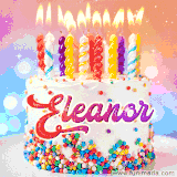 A cheerful white birthday cake with multicolor sprinkles, lit candles, and 'Eleanor' written in vibrant letters, in an animated GIF.