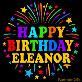 Personalized greeting card with name, colorful text that says 'Happy Birthday Eleanor' surrounded by animated fireworks and multicolor stars