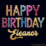 Vibrant luxury birthday greeting card for Eleanor, showing glittering gemstone letters and golden calligraphy on a dark background with twinkling shine effects.